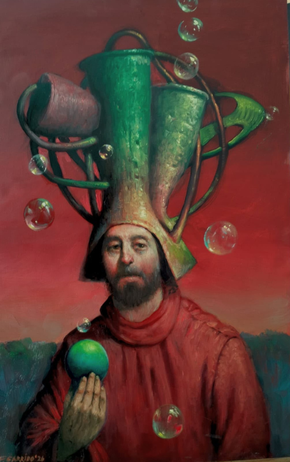 2 Pintura de Fernando Garrido que explora un universo mágico y enigmático con figuras humanas y atmósferas oníricas.